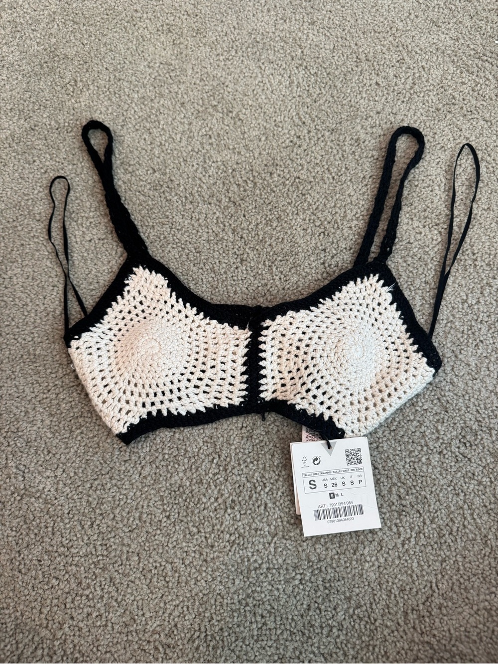 Zara Womans Crochet Bra Boho Cottagecore Top Sz Small Ivory And Black NWT
